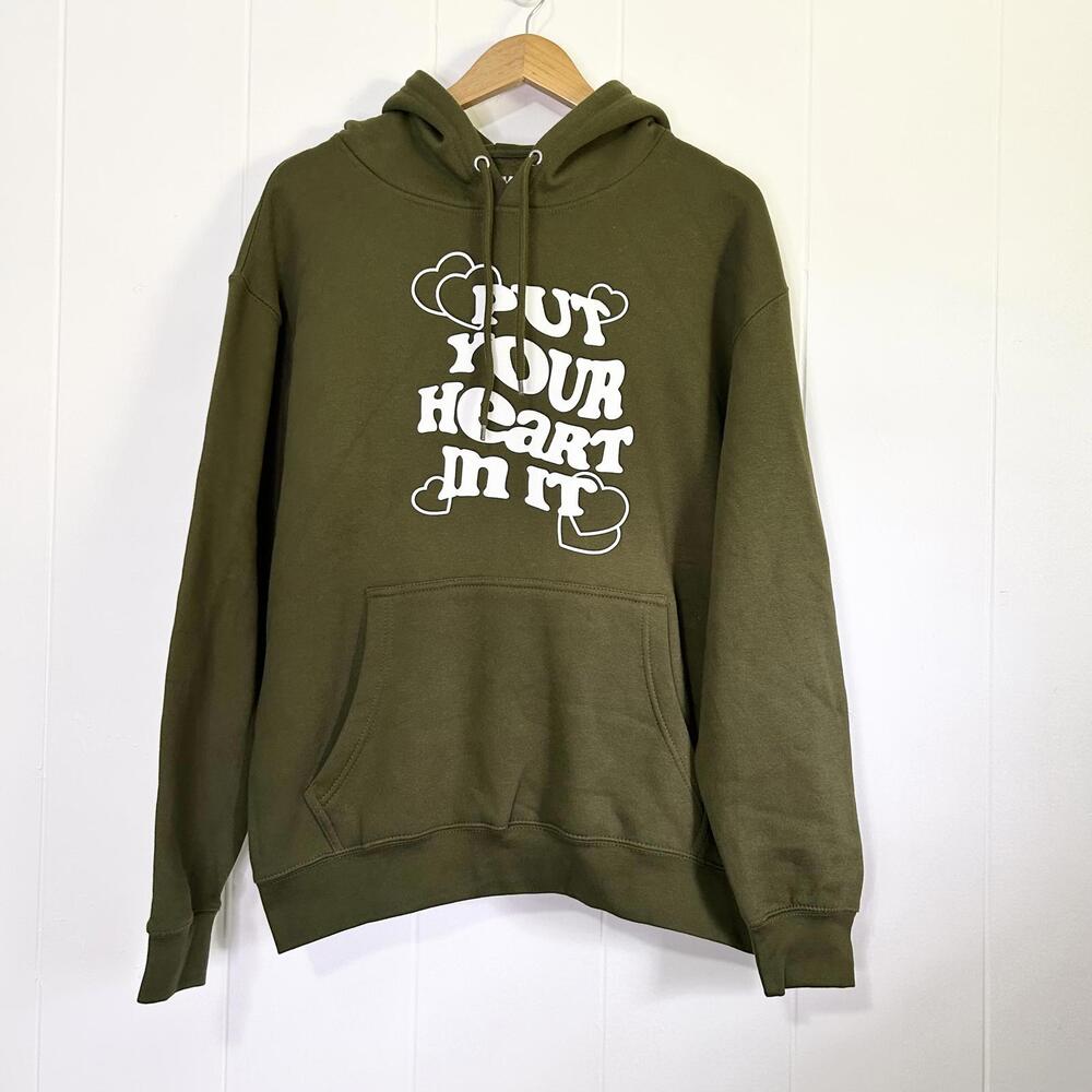 Fanjoy Olive Green Put Your Heart In It Long Sleeve Pullover Hoodie Men's Large